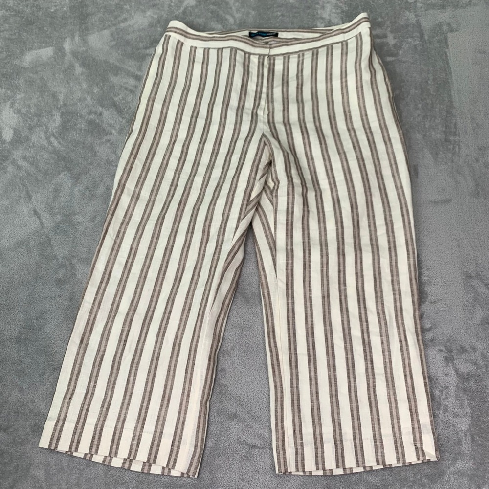 Cropped Linen Wide Leg Pants Beige Brown Stripe Size 10 Casual Relaxed Lounge